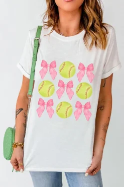Clearance Dear-Lover Bow Tie Baseball Print Round Neck Casual Tee White