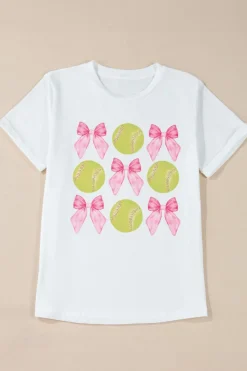 Clearance Dear-Lover Bow Tie Baseball Print Round Neck Casual Tee White