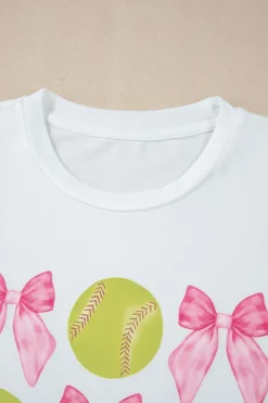 Clearance Dear-Lover Bow Tie Baseball Print Round Neck Casual Tee White