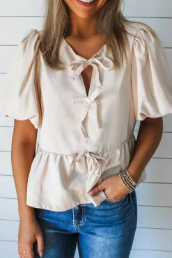 Online Dear-Lover Bow Tie Short Puff Sleeve Ruffle Hem Blouse White