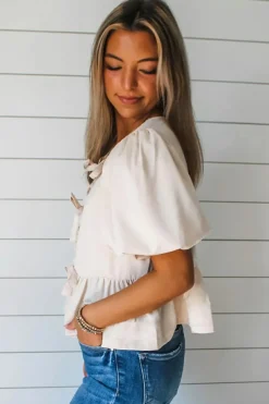 Online Dear-Lover Bow Tie Short Puff Sleeve Ruffle Hem Blouse White