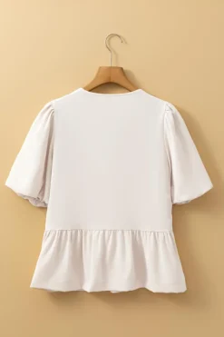 Online Dear-Lover Bow Tie Short Puff Sleeve Ruffle Hem Blouse White