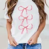 Fashion Dear-Lover Bow Ties Print Slim Fit O Neck Casual T Shirt White
