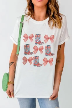 Clearance Dear-Lover Bowknot & Cowgirl Boots Graphic Tee White