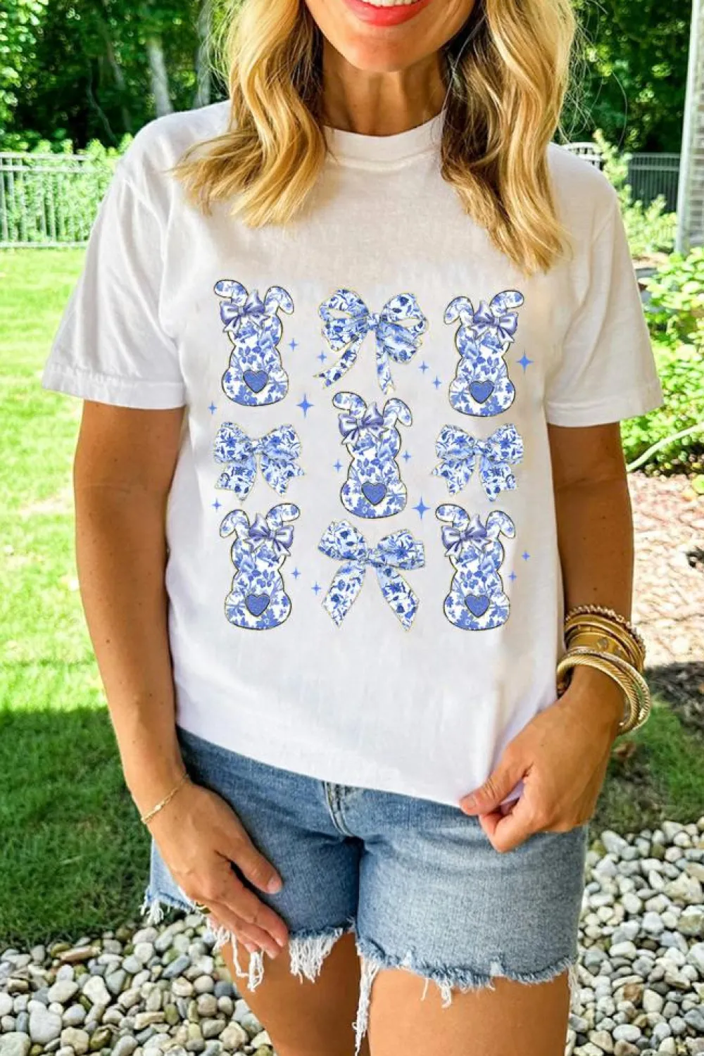 Online Dear-Lover Bowknot Bunny Graphic Easter Fashion T Shirt White
