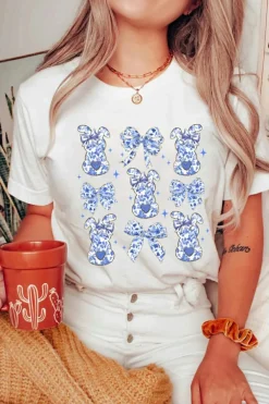 Online Dear-Lover Bowknot Bunny Graphic Easter Fashion T Shirt White