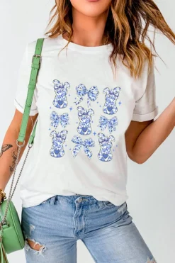 Online Dear-Lover Bowknot Bunny Graphic Easter Fashion T Shirt White