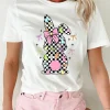 New Dear-Lover Bowknot Checkerboard Bunny Graphic Easter T Shirt White