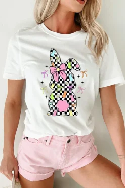 New Dear-Lover Bowknot Checkerboard Bunny Graphic Easter T Shirt White