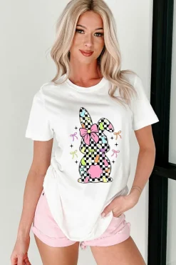 New Dear-Lover Bowknot Checkerboard Bunny Graphic Easter T Shirt White