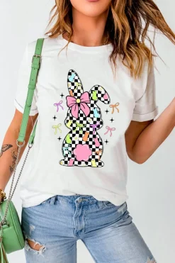 New Dear-Lover Bowknot Checkerboard Bunny Graphic Easter T Shirt White