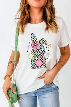 New Dear-Lover Bowknot Checkerboard Bunny Graphic Easter T Shirt White