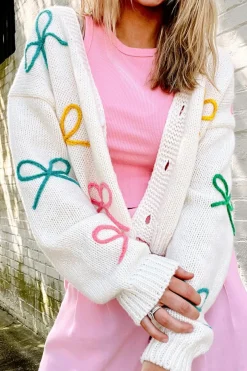 Outlet Dear-Lover Bowknot Drop Shoulder Knitted Button up Cardigan White