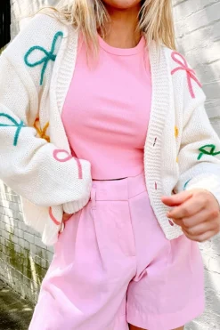 Outlet Dear-Lover Bowknot Drop Shoulder Knitted Button up Cardigan White