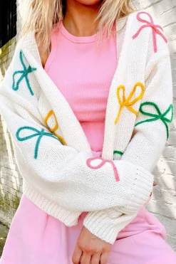Outlet Dear-Lover Bowknot Drop Shoulder Knitted Button up Cardigan White