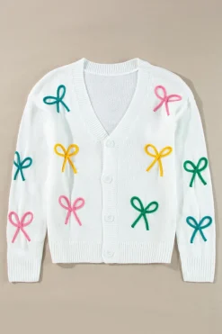 Outlet Dear-Lover Bowknot Drop Shoulder Knitted Button up Cardigan White