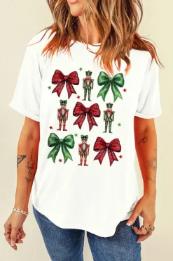 Outlet Dear-Lover Bowknot Nutcracker Printed Crewneck Christmas T Shirt White