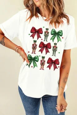 Outlet Dear-Lover Bowknot Nutcracker Printed Crewneck Christmas T Shirt White