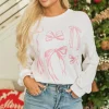 Sale Dear-Lover Bowknot Pattern Corded Long Sleeve Drop Shoulder Top White