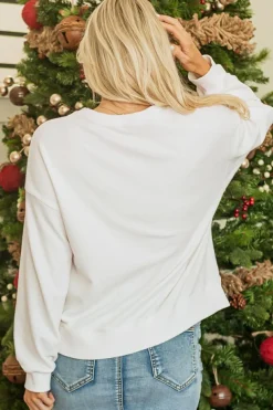 Sale Dear-Lover Bowknot Pattern Corded Long Sleeve Drop Shoulder Top White