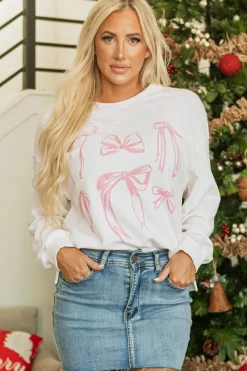 Sale Dear-Lover Bowknot Pattern Corded Long Sleeve Drop Shoulder Top White