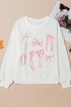 Sale Dear-Lover Bowknot Pattern Corded Long Sleeve Drop Shoulder Top White