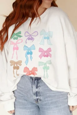 Outlet Dear-Lover Bowknot Pattern Drop Shoulder Loose Sweatshirt White