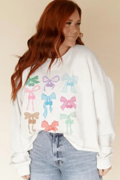 Outlet Dear-Lover Bowknot Pattern Drop Shoulder Loose Sweatshirt White