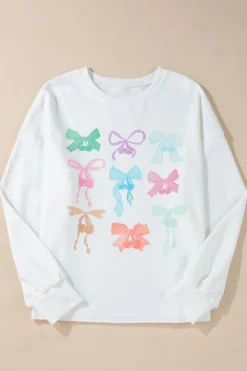Outlet Dear-Lover Bowknot Pattern Drop Shoulder Loose Sweatshirt White
