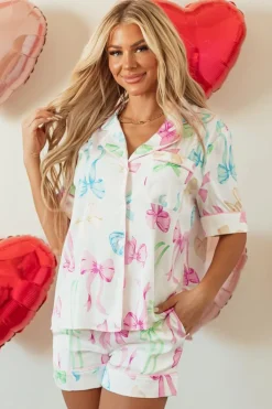 Fashion Dear-Lover Bowknot Print Buttoned Shirt High Waist Shorts Pajama Set White