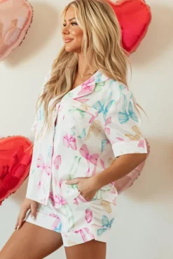 Fashion Dear-Lover Bowknot Print Buttoned Shirt High Waist Shorts Pajama Set White