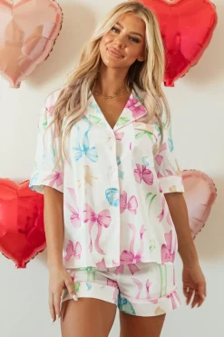 Fashion Dear-Lover Bowknot Print Buttoned Shirt High Waist Shorts Pajama Set White