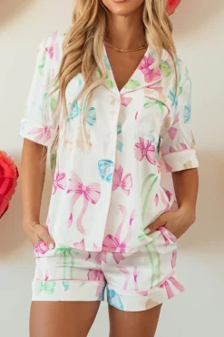Fashion Dear-Lover Bowknot Print Buttoned Shirt High Waist Shorts Pajama Set White
