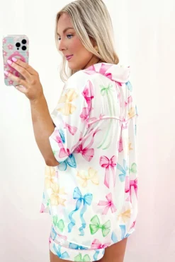 Fashion Dear-Lover Bowknot Print Buttoned Shirt High Waist Shorts Pajama Set White