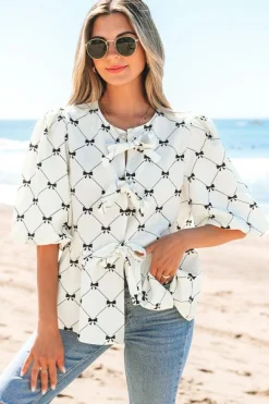 Sale Dear-Lover Bowknot Print Front Knots Bubble Sleeve Blouse White