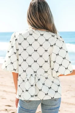 Sale Dear-Lover Bowknot Print Front Knots Bubble Sleeve Blouse White