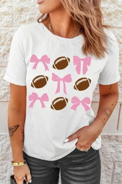Hot Dear-Lover Bowknot Rugby Football Printed Game Day T Shirt White