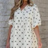Sale Dear-Lover Bowtie Pattern Textured Puff Half Sleeve Loose Mini Dress White