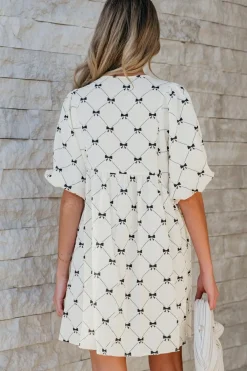 Sale Dear-Lover Bowtie Pattern Textured Puff Half Sleeve Loose Mini Dress White