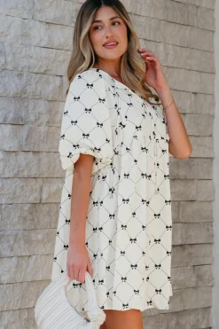 Sale Dear-Lover Bowtie Pattern Textured Puff Half Sleeve Loose Mini Dress White