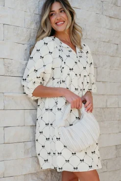Sale Dear-Lover Bowtie Pattern Textured Puff Half Sleeve Loose Mini Dress White