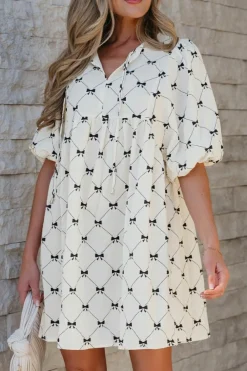 Sale Dear-Lover Bowtie Pattern Textured Puff Half Sleeve Loose Mini Dress White
