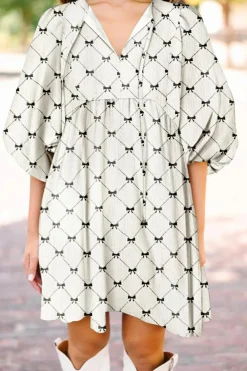 Sale Dear-Lover Bowtie Pattern Textured Puff Half Sleeve Loose Mini Dress White