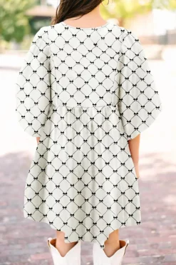 Sale Dear-Lover Bowtie Pattern Textured Puff Half Sleeve Loose Mini Dress White