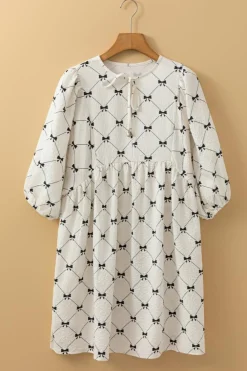 Sale Dear-Lover Bowtie Pattern Textured Puff Half Sleeve Loose Mini Dress White