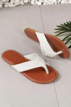 Fashion Dear-Lover Braided Strap PU Leather Flip Flop White