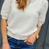 Fashion Dear-Lover Broderie Anglaise Puff Sleeve Waffle Knit Tee White