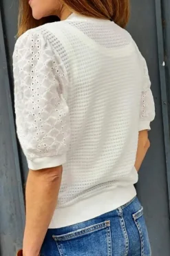 Fashion Dear-Lover Broderie Anglaise Puff Sleeve Waffle Knit Tee White