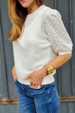 Fashion Dear-Lover Broderie Anglaise Puff Sleeve Waffle Knit Tee White