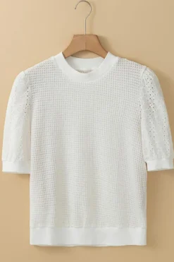 Fashion Dear-Lover Broderie Anglaise Puff Sleeve Waffle Knit Tee White